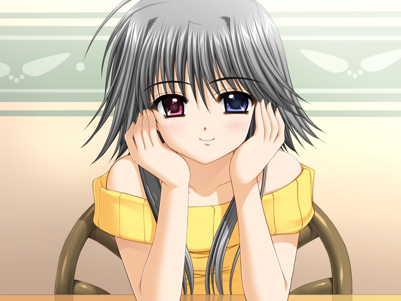 nishimata aoi, mayumi thyme, really? really!, shuffle!, game cg, 00s, 1girl, bare shoulders, black hair, female focus, heterochromia, off shoulder, short hair, smile, solo