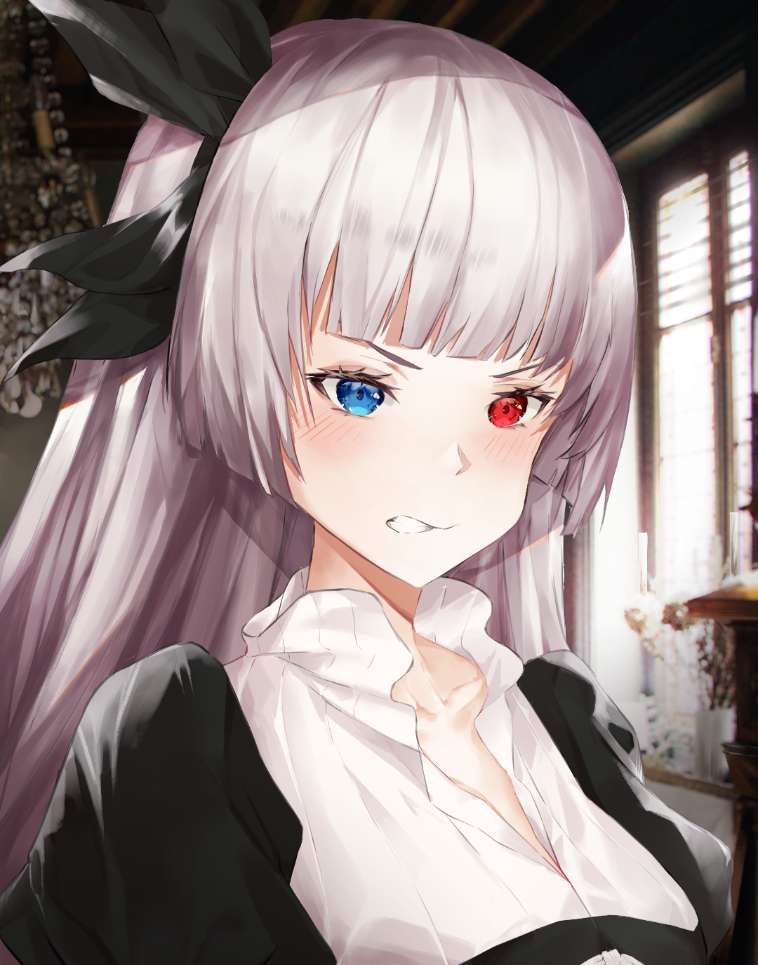 kelvwinte, luminous valentine, tensei shitara slime datta ken, commentary request, highres, 1girl, black dress, black ribbon, blue eyes, blunt bangs, blush, breasts, clenched teeth, collarbone, collared shirt, dress, eyelashes, hair ribbon, indoors, long hair, looking ahead, medium breasts, nose, open mouth, partially open shirt, pinstripe pattern, pinstripe shirt, portrait, red eyes, ribbon, shirt, solo, teeth, white hair, white shirt