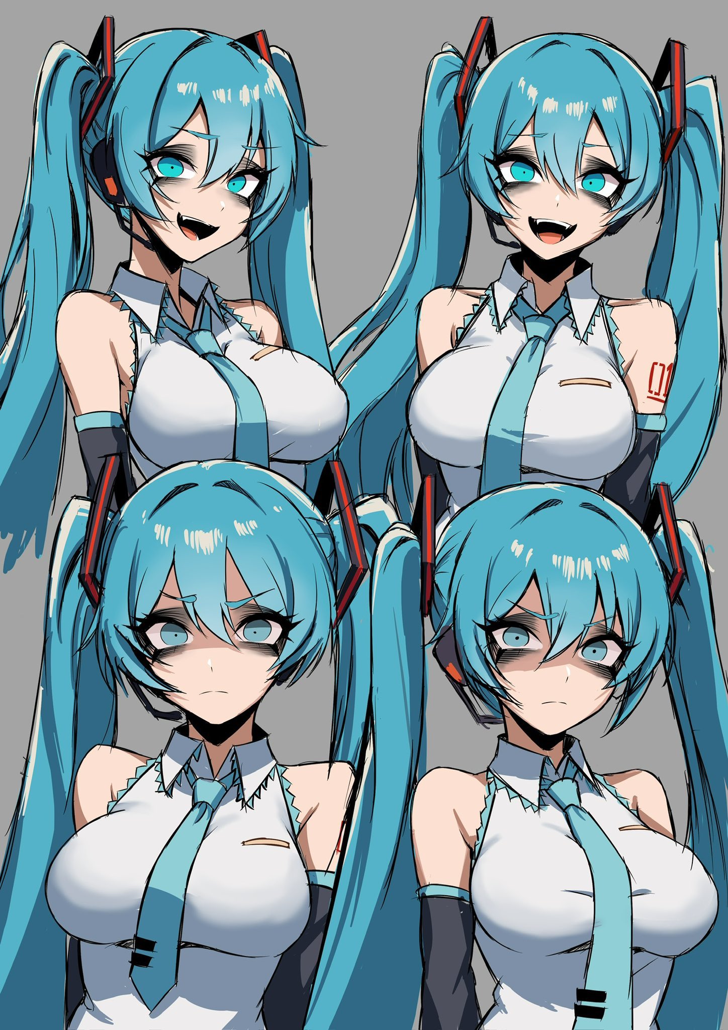 nagainegi, hatsune miku, vocaloid, highres, 1girl, aqua eyes, aqua hair, aqua necktie, black sleeves, breasts, collared shirt, detached sleeves, large breasts, long hair, looking at viewer, multiple views, necktie, number tattoo, open mouth, shirt, shoulder tattoo, sleeveless, sleeveless shirt, smile, tattoo, twintails, white shirt
