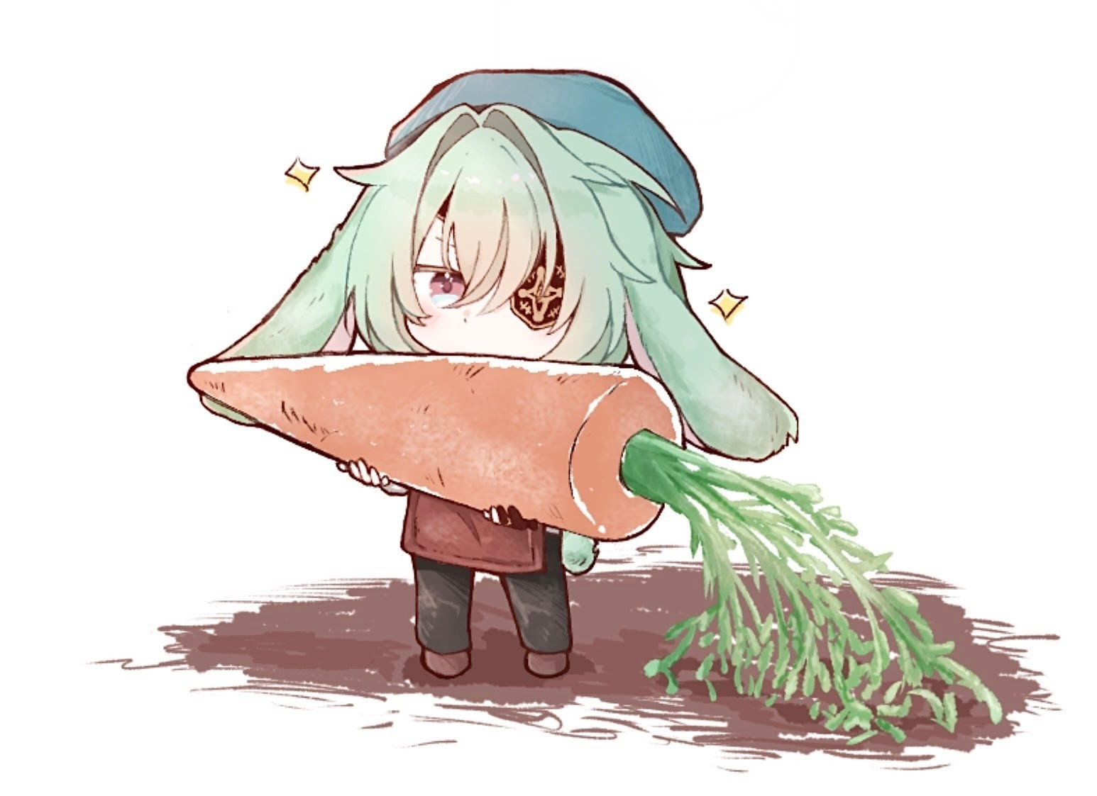 anaxa (honkai: star rail), anaxa (ingenuity) (honkai: star rail), honkai: star rail, honkai (series), 1boy, animal ears, apron, aqua hair, black pants, blue hat, brown apron, carrot, chibi, chibi only, covered mouth, eyepatch, fingerless gloves, full body, gloves, hair intakes, hat, holding, holding carrot, male focus, mini person, miniboy, one eye covered, pants, partially fingerless gloves, rabbit boy, rabbit ears, rabbit tail, shadow, simple background, solo, sparkle, tail, white background, ykke 077126