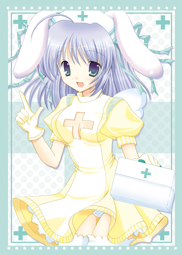ayato mimi, animal ears, blue eyes, blue hair, gloves, hat, nurse, nurse cap, panties, pantyshot, rabbit ears, solo, underwear, wings