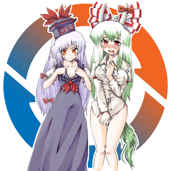 gengorou, ex-keine, fujiwara no mokou, kamishirasawa keine, touhou, silver hair, 2girls, blush, bow, breast envy, breasts, cosplay, costume switch, covered erect nipples, covering crotch, covering privates, embarrassed, female focus, fujiwara no mokou (cosplay), green hair, hair bow, hat, horn ornament, horn ribbon, horns, kamishirasawa keine (cosplay), large breasts, long hair, medium breasts, multiple girls, naked shirt, orange eyes, red eyes, ribbon, shirt, shirt tug, tears