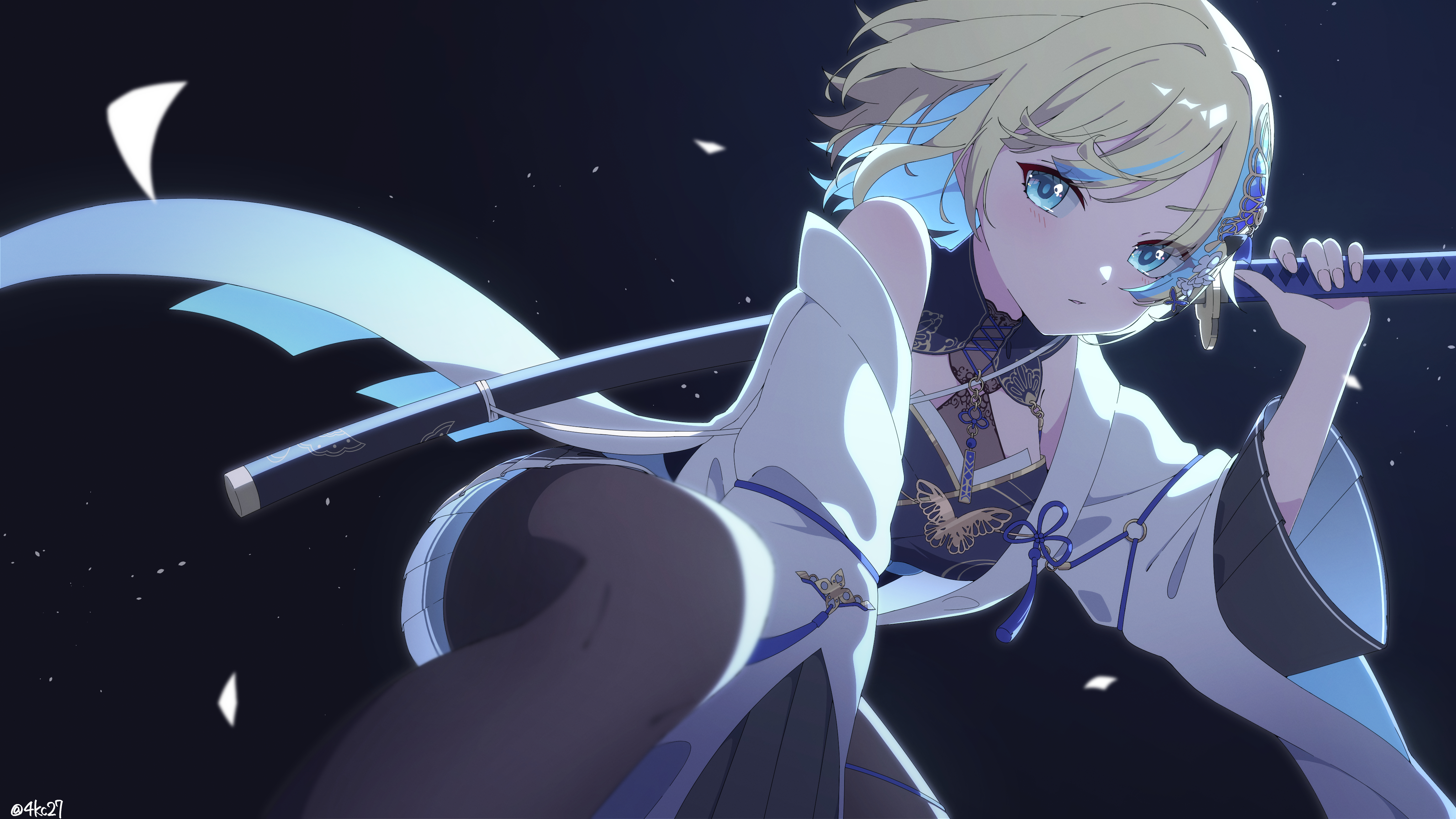 akashi (4kc 27), aizawa ema, aizawa ema (5th costume), vspo!, absurdres, highres, 1girl, :|, agemaki knot, animal print, aqua hair, aqua streaks, arm up, bare shoulders, black background, blonde hair, blue eyes, breasts, butterfly hair ornament, butterfly print, chokutou, closed mouth, colored inner hair, cowboy shot, floating hair, furisode sleeves, gradient hair, hair ornament, haori, holding, holding sword, holding weapon, japanese clothes, katana, kimono, kimono dress, long sleeves, looking at viewer, multicolored hair, on one knee, pantyhose, parted lips, pleated skirt, pleated sleeves, serious, sheath, sheathed, short hair, simple background, skirt, sleeveless, sleeveless kimono, solo, streaked hair, sword, sword on back, twitter username, virtual youtuber, weapon, weapon on back, white haori, wind, wind lift