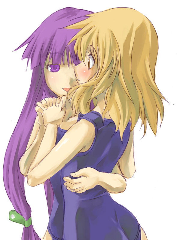 yohane, kirisame marisa, patchouli knowledge, touhou, 2girls, arched back, blonde hair, blush, eye contact, female focus, green ribbon, hair ribbon, holding hands, hug, interlocked fingers, long hair, looking at another, multiple girls, naughty face, one-piece swimsuit, open mouth, purple eyes, purple hair, ribbon, school swimsuit, shy, simple background, smile, surprised, swimsuit, very long hair, white background, yellow eyes, yuri
