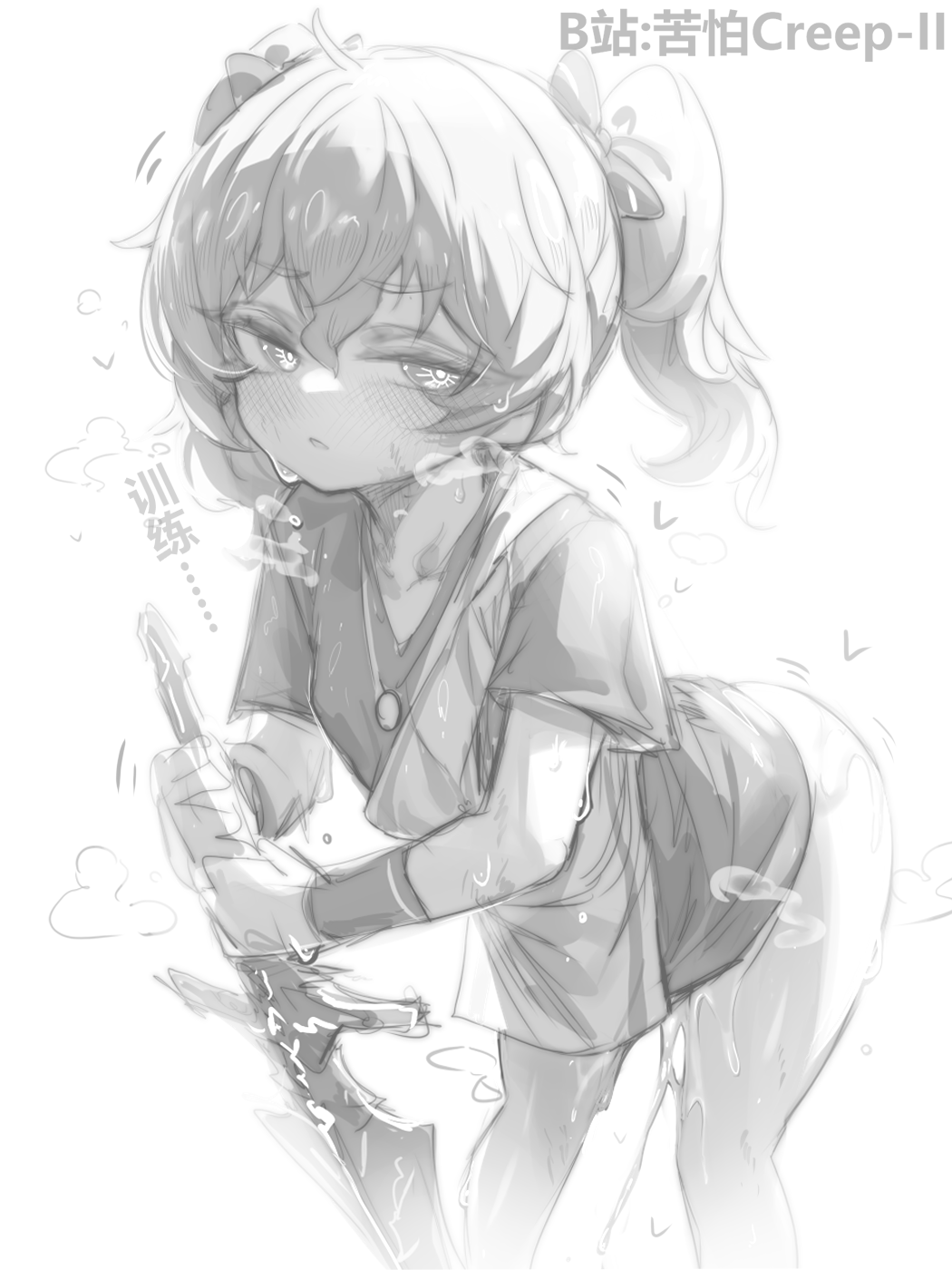 kupa (jesterwii), augusta (wuthering waves), wuthering waves, character request, chinese commentary, commentary request, highres, translation request, 1girl, bilibili username, blush, bottomless, breasts, chinese text, greyscale, holding, holding sword, holding weapon, looking at viewer, monochrome, open mouth, short sleeves, sketch, small breasts, solo, sweat, sword, twintails, weapon