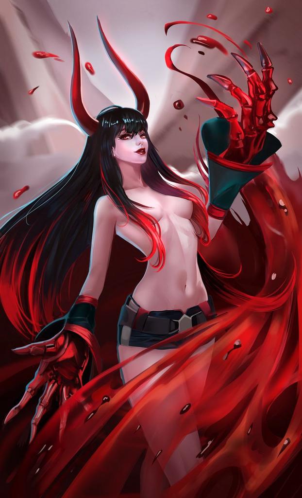black gold saw, black rock shooter, 1girl, belt, black hair, black shorts, blood, breasts, detached sleeves, gradient hair, hair over breasts, horns, lina xlol, long hair, medium breasts, multicolored hair, no shirt, red eyes, red hair, red horns, red lips, short shorts, shorts, skeletal hand, solo, topless female, wide sleeves