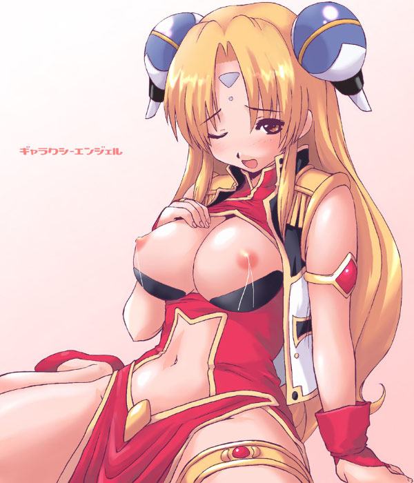 ranpha franboise, broccoli (company), galaxy angel, 00s, 1girl, blonde hair, blush, breasts, brown eyes, copyright name, female focus, lactation, long hair, looking at viewer, navel, nipples, open mouth, solo, wink