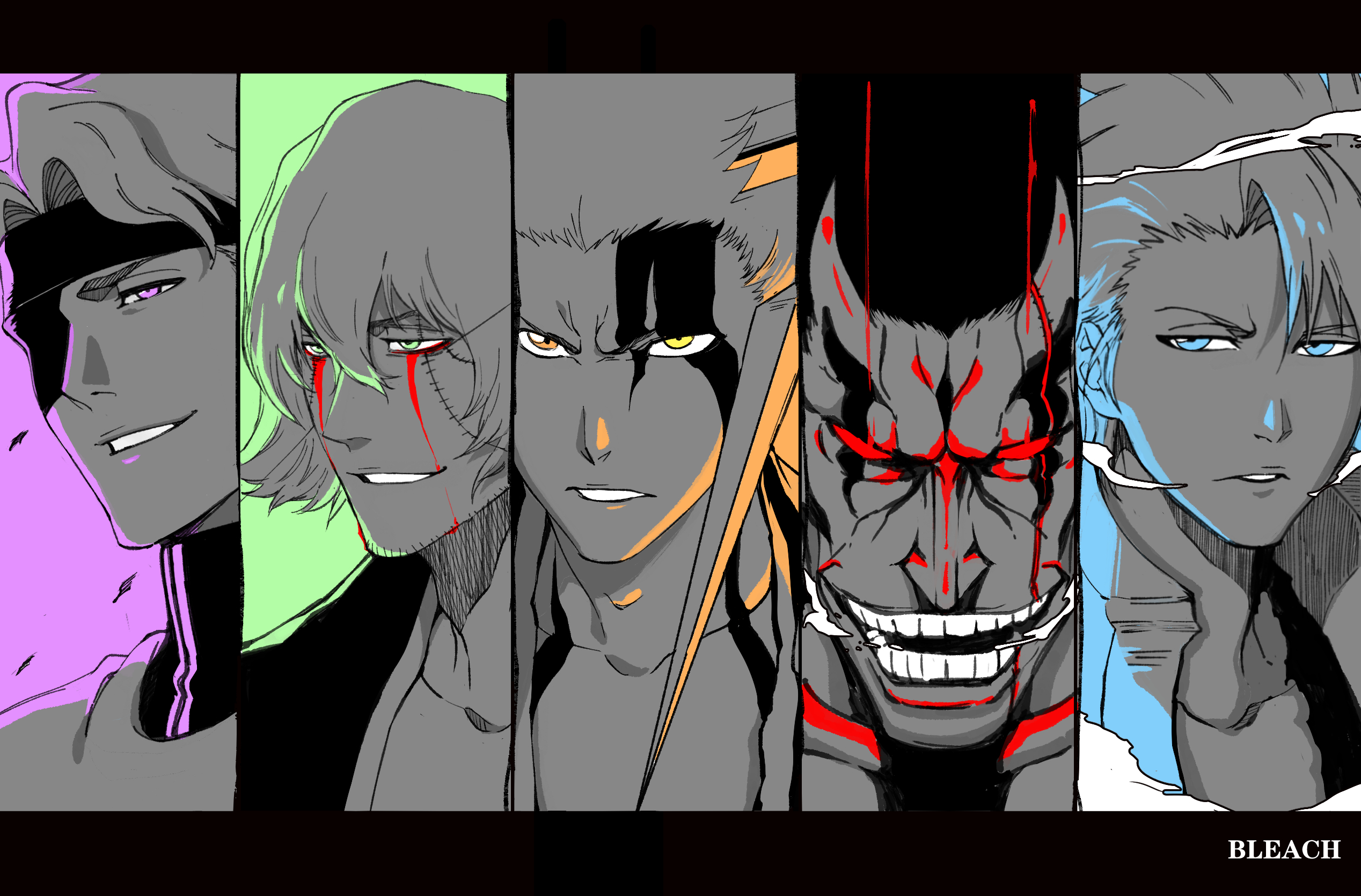 shaolong, aizen sousuke, hitsugaya toushirou, kurosaki ichigo, urahara kisuke, zaraki kenpachi, bleach, bleach: sennen kessen-hen, highres, 5boys, aged up, beard stubble, blood, bloody tears, blue eyes, breath, brown eyes, collarbone, copyright name, demon horns, facial hair, facial mark, green background, green eyes, hair between eyes, heterochromia, horns, letterboxed, male focus, multiple boys, open mouth, parted lips, pink background, pink eyes, red eyes, scar, scar across eye, scar on face, single horn, smirk, solid eyes, stitched face, stitches, stubble, teeth, yellow eyes