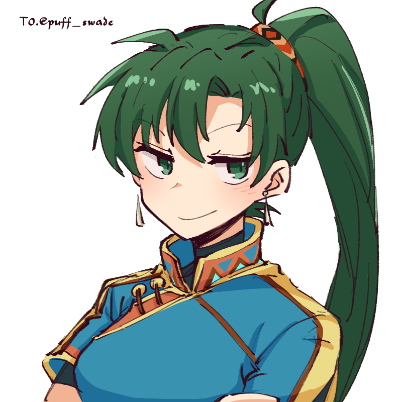 alonemistrist, lyn (fire emblem), fire emblem, fire emblem: the blazing blade, nintendo, commentary, english commentary, 1girl, blue dress, breasts, closed mouth, dress, earrings, green eyes, green hair, jewelry, looking to the side, medium breasts, ponytail, short sleeves, smile, solo, upper body, white background
