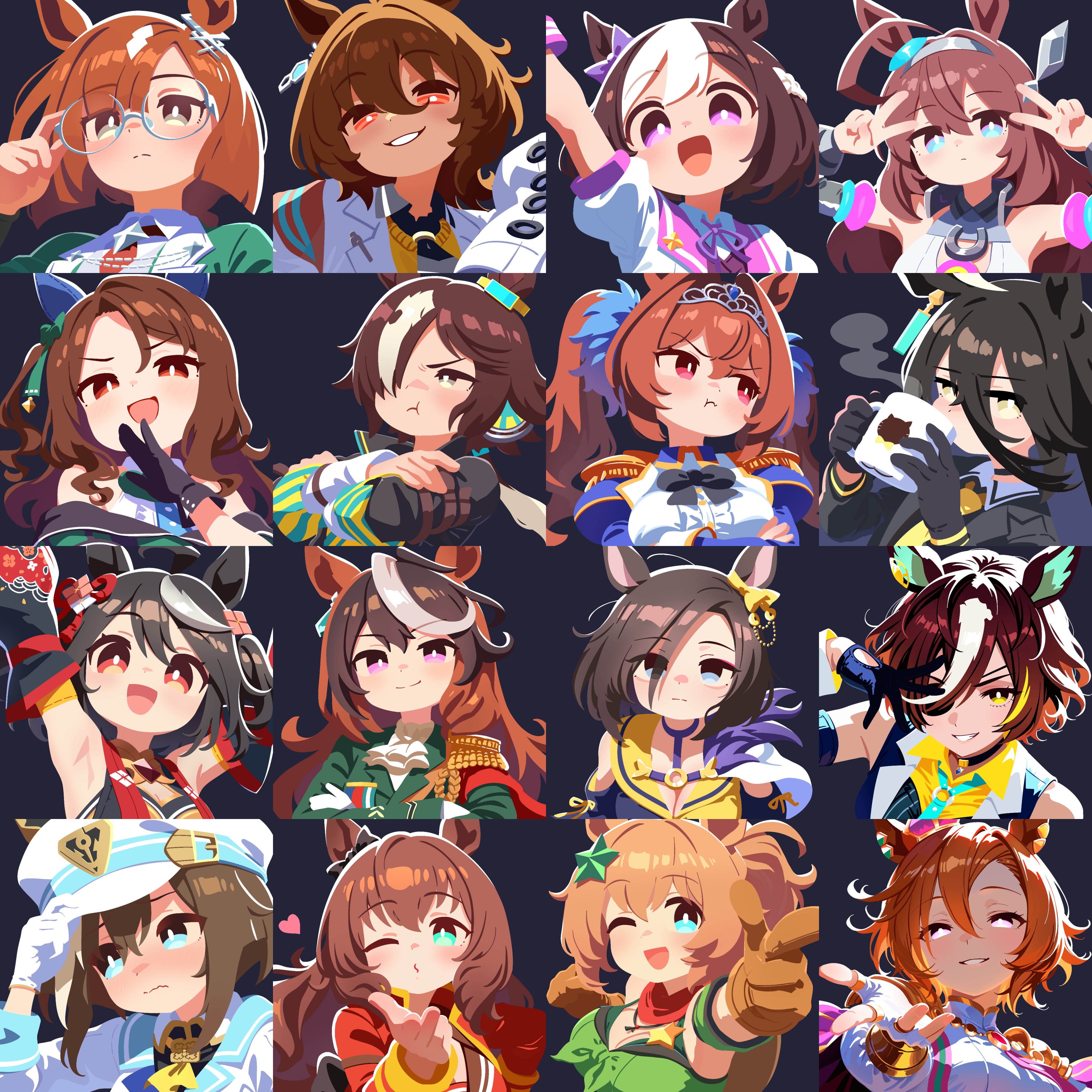 agnes tachyon (umamusume), air groove (umamusume), cheval grand (umamusume), daiwa scarlet (umamusume), ikuno dictus (umamusume), king halo (umamusume), kitasan black (umamusume), manhattan cafe (umamusume), maruzensky (umamusume), mihono bourbon (umamusume), special week (umamusume), symboli rudolf (umamusume), t.m. opera o (umamusume), taiki shuttle (umamusume), tanino gimlet (umamusume), vodka (umamusume), umamusume, absurdres, highres, 6+girls, :d, :t, ;d, adjusting eyewear, ahoge, animal ears, arm up, armpit crease, armpits, arms up, ascot, averting eyes, bandana, bandana around neck, black background, black bow, black choker, black gloves, black hair, black jacket, blue eyes, blue necktie, blunt ends, blush, bow, bracelet, braid, braided ponytail, breasts, bright pupils, brown eyes, brown gloves, brown hair, brown sweater, cape, choker, cleavage, cleavage cutout, clenched hand, closed mouth, clothing cutout, collared shirt, crop top, crossed arms, crown, cup, detached sleeves, double-parted bangs, double v, drinking, ear bow, ear covers, ear ornament, earrings, epaulettes, expressionless, eyepatch, film grain, finger gun, from below, front-tie top, glasses, glove cutout, gloves, gold bracelet, gold ring, green bow, green eyes, grey hairband, grey sleeves, grin, hair between eyes, hair bow, hair intakes, hair ornament, hair over one eye, hairband, hand on headwear, hand over eye, hand to own mouth, hand up, hat, head tilt, heart, holding, holding cup, horse ears, horse girl, horseshoe ornament, jacket, jewelry, lab coat, large breasts, laughing, light blush, long bangs, long hair, looking at viewer, medium breasts, medium hair, mini crown, multicolored hair, multiple girls, multiple rings, neck ribbon, necktie, no lineart, off shoulder, offering hand, ojou-sama pose, one eye closed, one eye covered, one side up, open mouth, orange hair, outline, pendant choker, pink crown, pink eyes, ponytail, portrait, pout, puckered lips, puffy short sleeves, puffy sleeves, purple bow, purple cape, purple eyes, purple ribbon, red bandana, red eyes, red necktie, ribbon, ring, shade, shirt, short hair, short sleeves, sidelocks, simple background, sleeveless, sleeveless shirt, sleeves past fingers, sleeves past wrists, smile, special week (racing) (umamusume), star (symbol), star hair ornament, steam, steaming cup, streaked hair, sweater, tiara, twintails, two-tone hair, v, v-shaped eyebrows, very long sleeves, waonaolmao, wavy mouth, white gloves, white hair, white hat, white jacket, white outline, white pupils, white shirt, white streaks, yellow ascot, yellow eyes, yellow necktie, yellow shirt