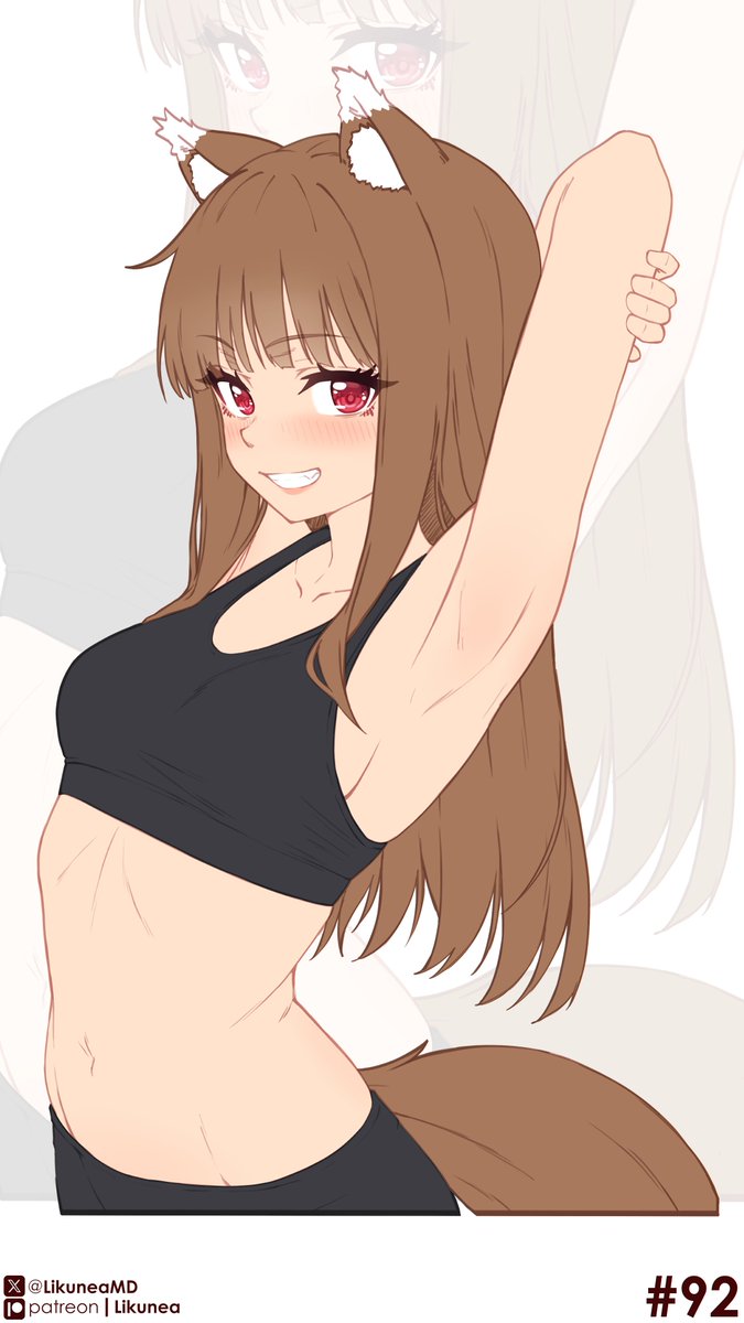 likunea, holo, spice and wolf, commentary, english commentary, highres, 1girl, animal ears, armpits, black sports bra, blush, breasts, brown hair, clenched teeth, collarbone, grin, long hair, looking at viewer, medium breasts, navel, patreon logo, patreon username, smile, solo, sports bra, tail, teeth, twitter username, twitter x logo, white background, wolf ears, wolf girl, wolf tail, zoom layer