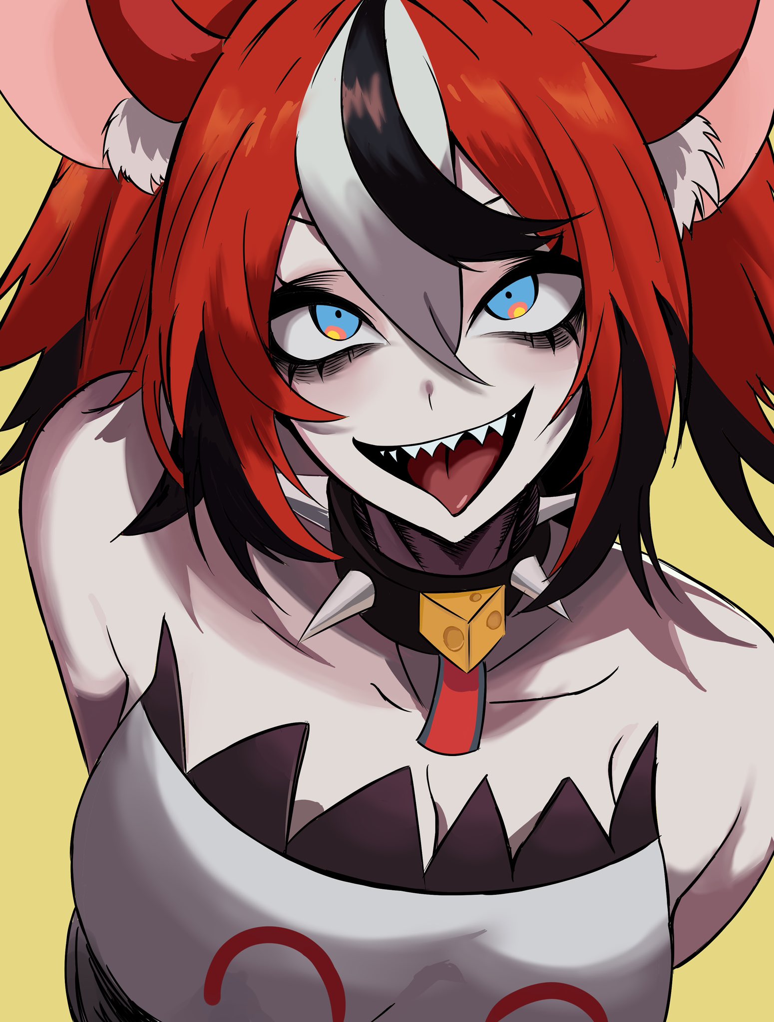 nagainegi, hakos baelz, hololive, hololive english, highres, 1girl, animal ears, black hair, blue eyes, breasts, hair ornament, long hair, looking at viewer, mouse ears, mouse girl, multicolored hair, open mouth, red hair, shirt, smile, solo, streaked hair, twintails, virtual youtuber, white hair