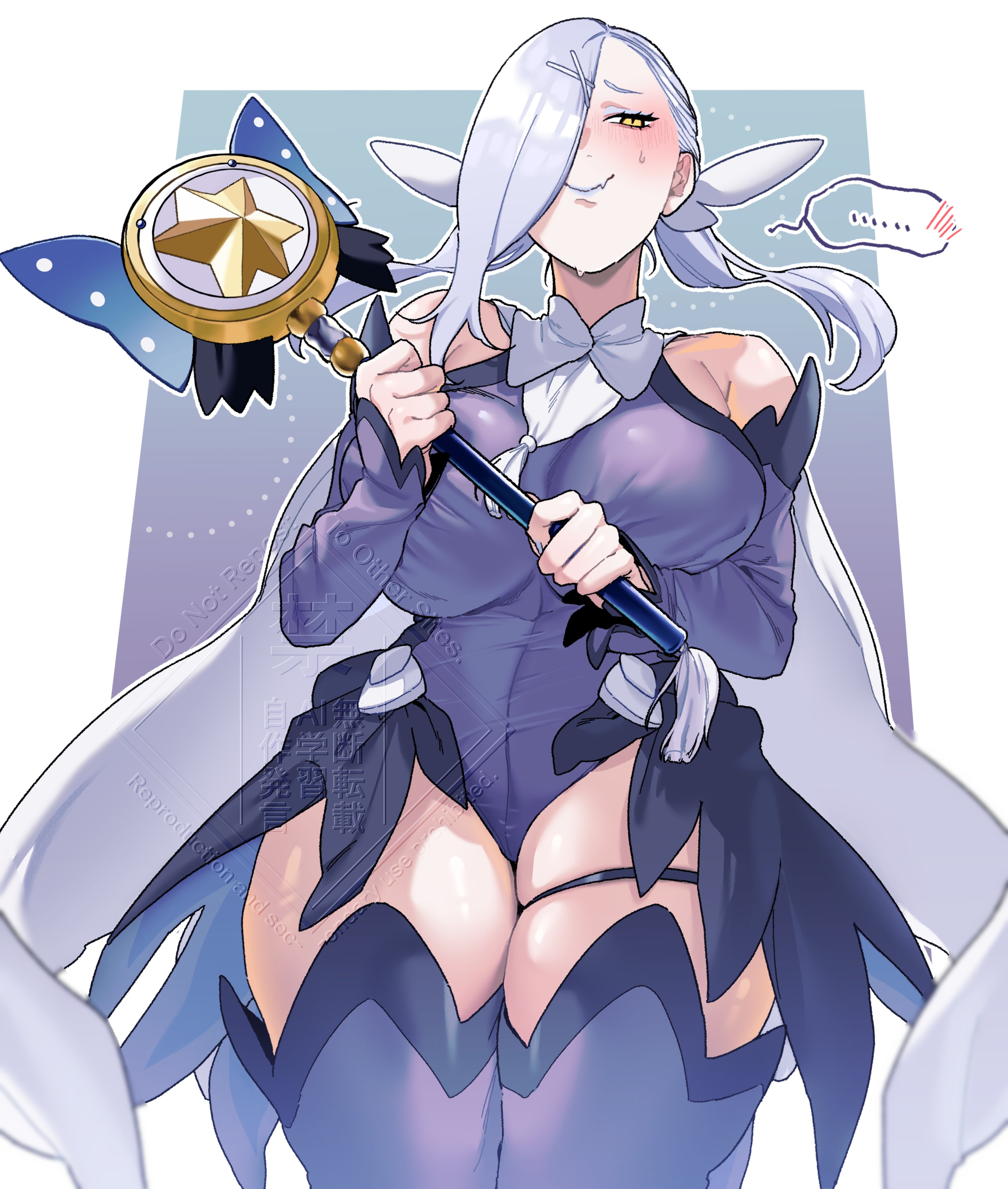 hiyayaako, kaleidostick, magical sapphire, miyu edelfelt, miyu edelfelt (magical girl), mrs. snake (fate), fate/grand order, fate/kaleid liner prisma illya, fate (series), absurdres, highres, 1girl, bare shoulders, blue lips, blush, breasts, cape, cosplay, detached sleeves, eyeliner, feather hair ornament, feathers, hair ornament, hair over one eye, hairclip, large breasts, leotard, long hair, looking at viewer, makeup, miyu edelfelt (magical girl) (cosplay), purple leotard, purple sleeves, purple thighhighs, sidelocks, smile, thighhighs, thighs, twintails, wand, white cape, white hair, yellow eyes