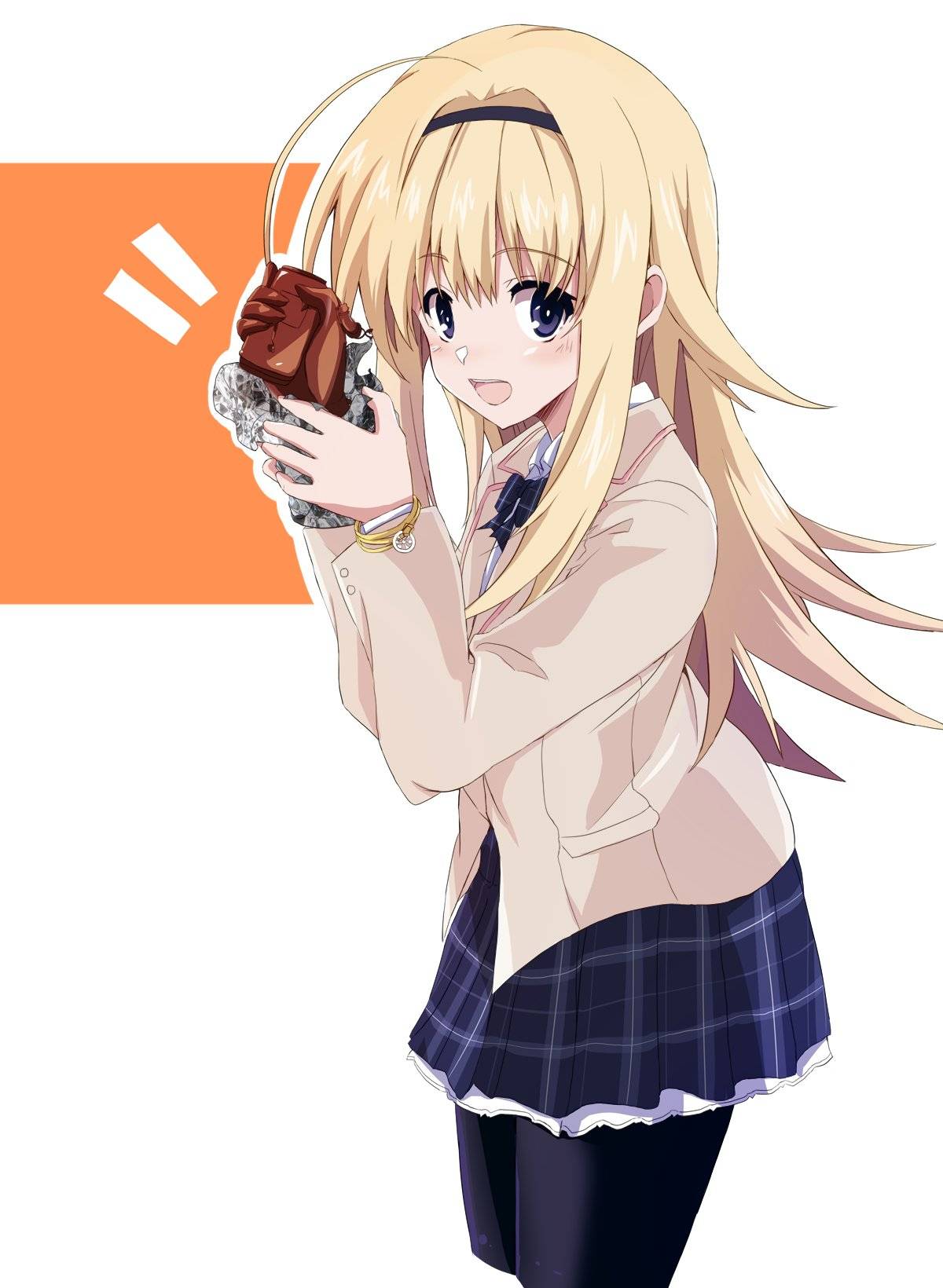 fujishima tsubasa, nishijou nanami, chaos;head, science adventure, bad link, highres, 1girl, ahoge, black hairband, black pantyhose, blazer, blonde hair, brown jacket, chocolate, food, hairband, holding, holding chocolate, holding food, jacket, miniskirt, open mouth, pantyhose, pleated skirt, purple eyes, red trim, school uniform, skirt, suimei academy school uniform, teeth, tongue, upper teeth only, white petticoat