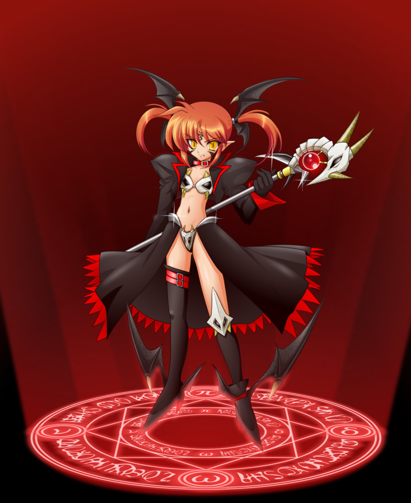 raising heart, takamachi nanoha, lyrical nanoha, mahou shoujo lyrical nanoha, 00s, 1girl, alternate color, alternate costume, alternate weapon, asymmetrical clothes, brown hair, collar, dark persona, female focus, holding behind back, holding weapon behind back, magic circle, octagram, red background, single thighhigh, solo, standing, standing on magic circle, thighhighs, twintails, weapon, white devil, wings, yellow eyes