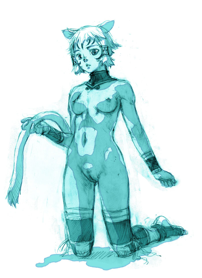 branch (blackrabbits), mithra (ff11), final fantasy, final fantasy xi, 00s, 1girl, animal ears, breasts, cat ears, cat girl, cat tail, choker, cleft of venus, female focus, kneeling, medium breasts, monochrome, navel, nipples, nude, pussy, short hair, sketch, solo, tail, uncensored