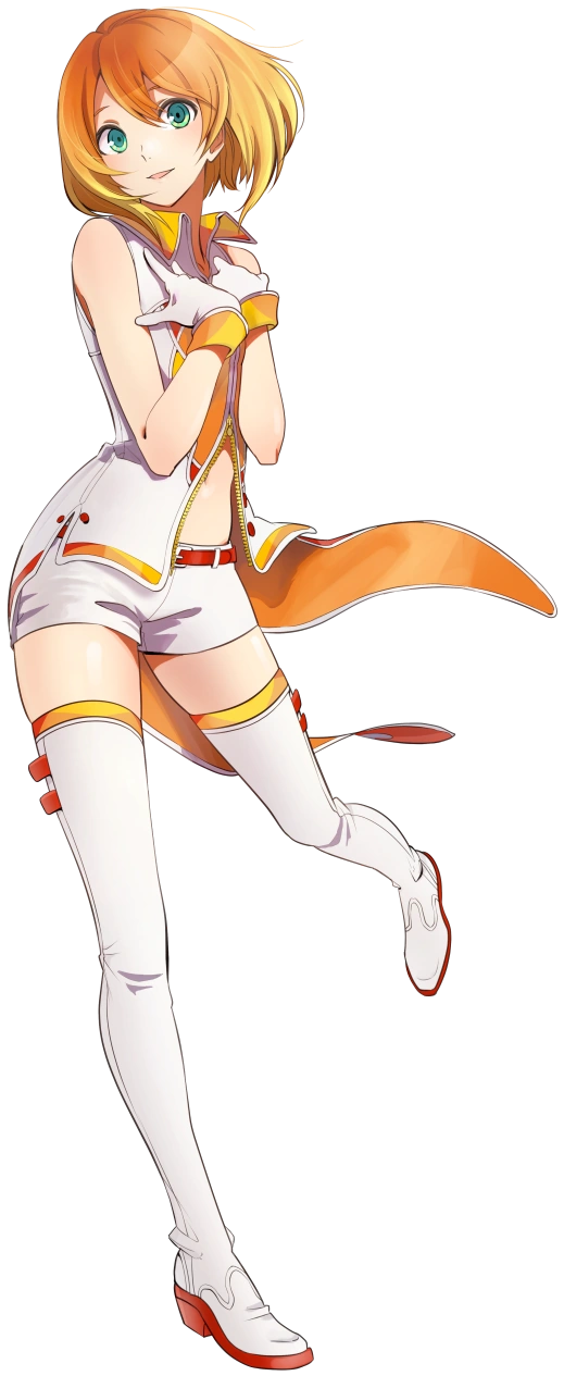 vocaloid, artist request, highres, official art, third-party source, 1girl, :d, bare arms, bare shoulders, belt, blonde hair, boots, coat, collared coat, colored shoe soles, double-parted bangs, foreshortening, full body, gloves, gradient hair, green eyes, hair between eyes, hands on own chest, hands up, looking at viewer, medium hair, midriff, mirai komachi, multicolored hair, navel, open mouth, orange coat, orange hair, orange trim, red belt, short shorts, shorts, simple background, sleeveless, sleeveless coat, smile, solo, standing, standing on one leg, thigh boots, transparent background, two-sided coat, two-sided fabric, two-tone hair, white boots, white coat, white gloves, white shorts, wind