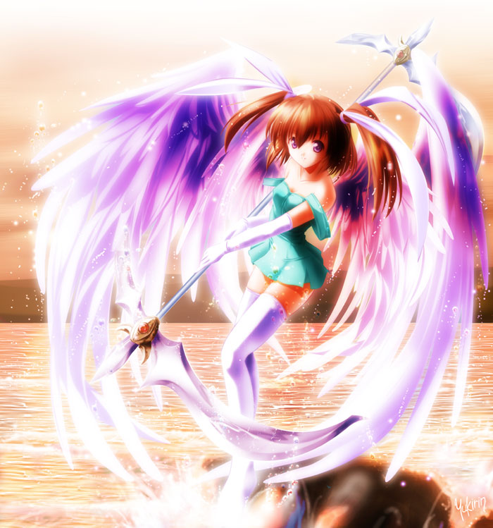 yukirin, aizawa tomomi, pia carrot (series), pia carrot e youkoso!!, 1990s (style), 1girl, bare shoulders, brown hair, dress, elbow gloves, feathers, female focus, gloves, nature, ocean, outdoors, polearm, scythe, short hair, solo, standing, thighhighs, twintails, water, weapon, wings, zettai ryouiki