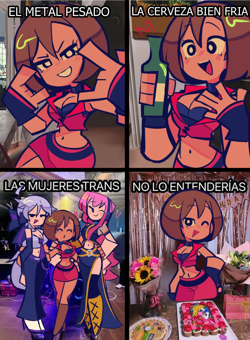 rainelyn00, megurine luka, meiko (vocaloid), yowane haku, photo-referenced, 3girls, 4koma, n/, ahoge, belt, birthday cake, black belt, black bow, black bra, black eyes, black gloves, black pants, black shirt, black thighhighs, boots, bottle, bow, bra, breasts, bright pupils, brown boots, brown hair, cake, cleavage, closed eyes, closed mouth, comic, cropped jacket, fingerless gloves, flower, food, gloves, grey hair, grey shirt, hair bow, hand on own hip, happy birthday, headphones, heart, high heels, holding, holding bottle, jacket, large breasts, meme, midriff, mob face, multiple girls, navel, necktie, one eye closed, open clothes, open jacket, open mouth, pants, photo background, pink bag, pink hair, plate, ponytail, purple belt, purple necktie, purple trim, red jacket, red skirt, shirt, short hair, skirt, spanish text, teeth, thighhighs, underwear, upper teeth only, white pupils, yellow boots