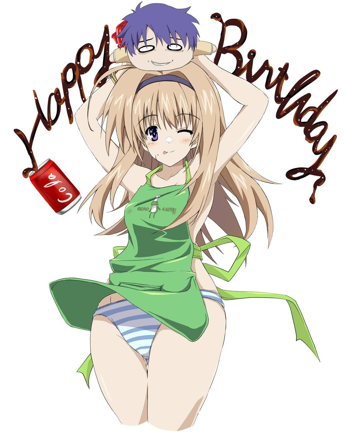 fujishima tsubasa, nishijou nanami, chaos;head, science adventure, bad link, highres, 1girl, ahoge, apron, arms up, black hairband, blonde hair, blue panties, blush, breasts, brother and sister, cola, collarbone, gero-froggy, hairband, looking at viewer, nearly naked apron, one eye closed, panties, purple eyes, school uniform, siblings, small breasts, striped clothes, striped panties, suimei academy school uniform, thick thighs, thighs, tongue, tongue out, underwear