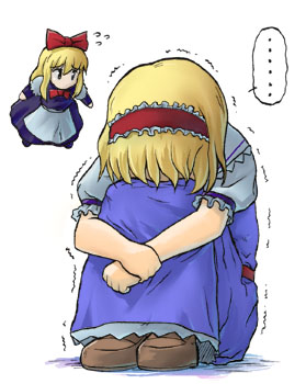 tsuyadashi shuuji, alice margatroid, shanghai doll, touhou, lowres, …, 1girl, 2006, blonde hair, blue dress, dress, female focus, fetal position, hairband, short hair, sitting, solo, speech bubble, sulking, trembling, white background