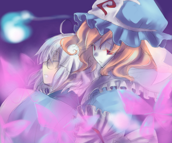 ono mochiko, morichika rinnosuke, saigyouji yuyuko, touhou, 1boy, 1girl, bug, butterfly, closed eyes, glasses, hat, hitodama, japanese clothes, kimono, mob cap, pink hair, red eyes, short hair, triangular headpiece, upper body
