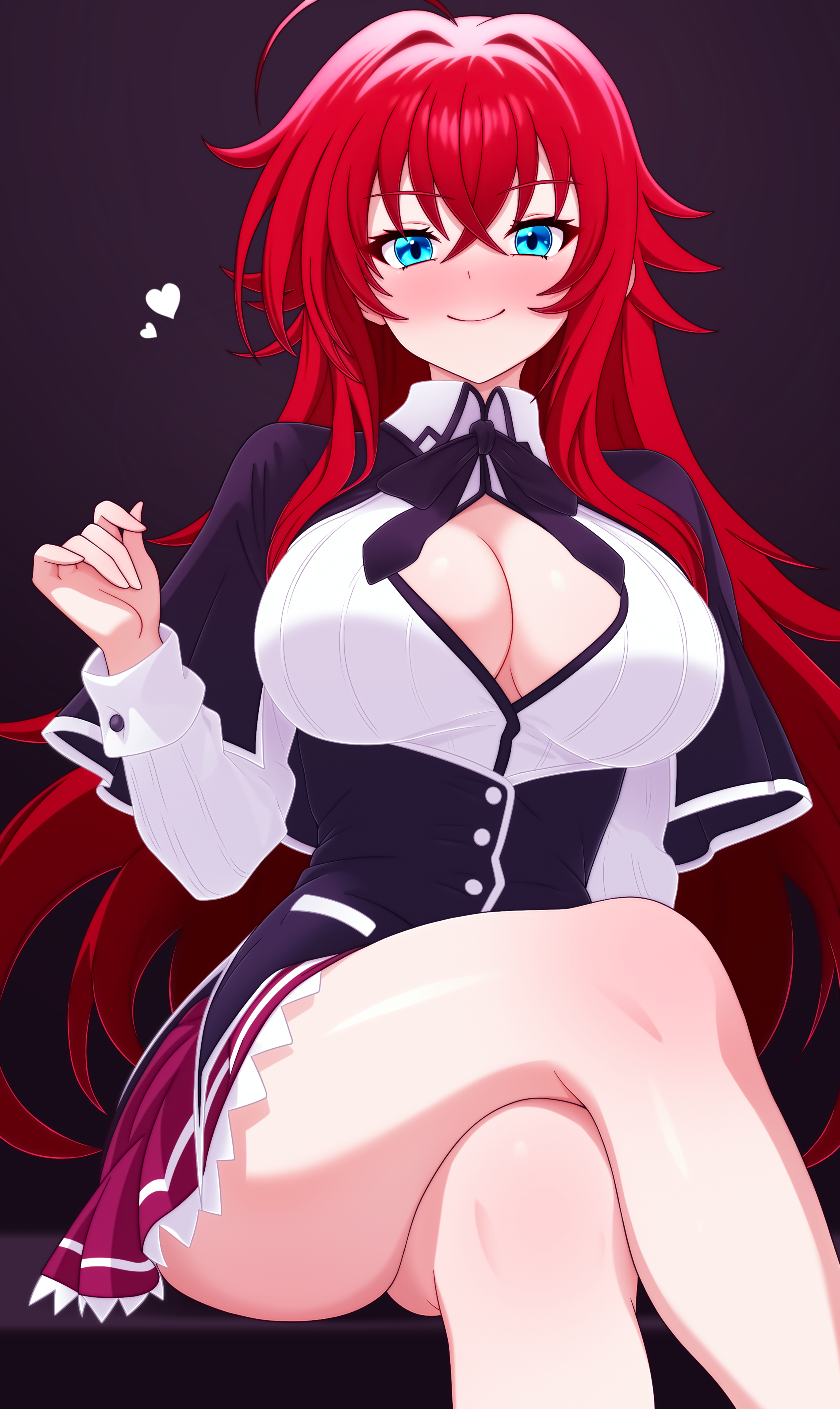 dullahan (alekey art), rias gremory, high school dxd, absurdres, commentary, highres, 1girl, ahoge, black capelet, black ribbon, blue eyes, blush, bow, breasts, capelet, cleavage, closed mouth, collar, collared shirt, crossed bangs, crossed legs, dark background, feet out of frame, from below, hair between eyes, hand up, heart, huge ahoge, kuoh academy school uniform, large breasts, long hair, long sleeves, looking at viewer, neck ribbon, red hair, red skirt, ribbon, school uniform, shirt, simple background, sitting, skirt, smile, solo, thighs, very long hair, white shirt, wrist cuffs