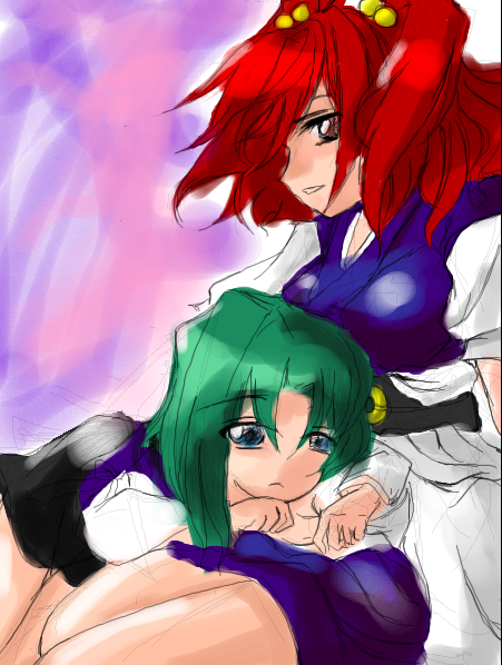 kurinton, onozuka komachi, shiki eiki, touhou, 2girls, female focus, green hair, multiple girls, no nose, red hair, short hair, sketch