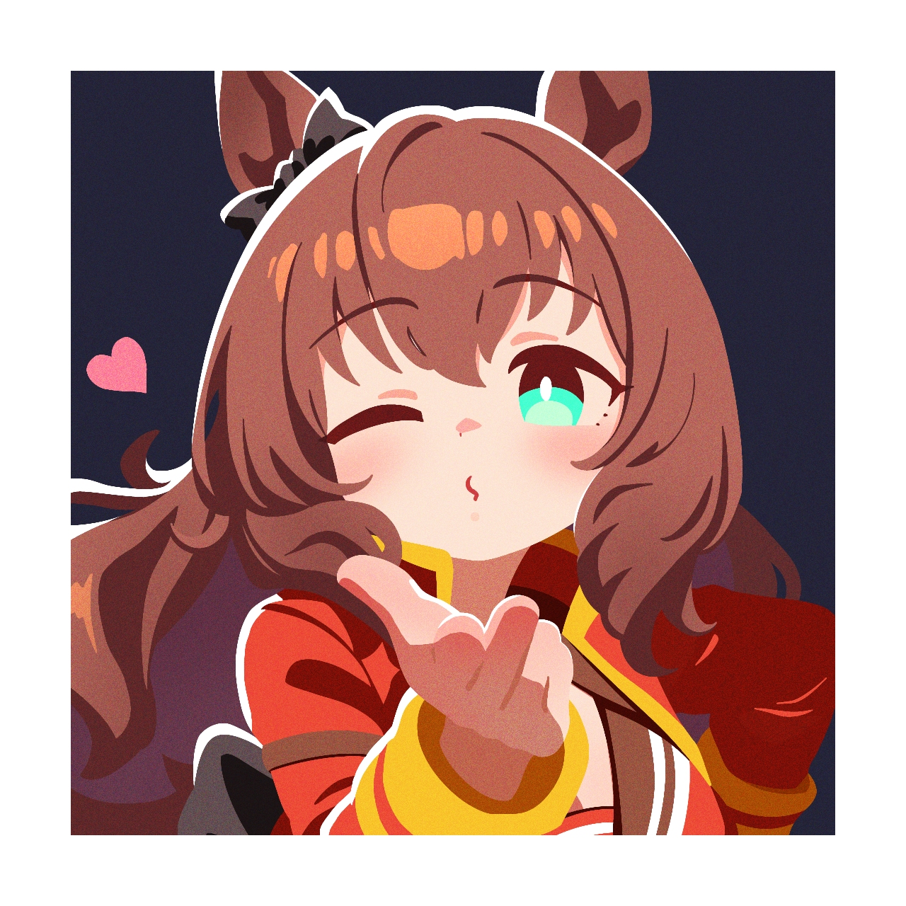 maruzensky (umamusume), umamusume, highres, 1girl, animal ears, black bow, bow, brown hair, green eyes, hand up, heart, horse ears, horse girl, light blush, long hair, looking at viewer, no lineart, one eye closed, puckered lips, solo, waonaolmao