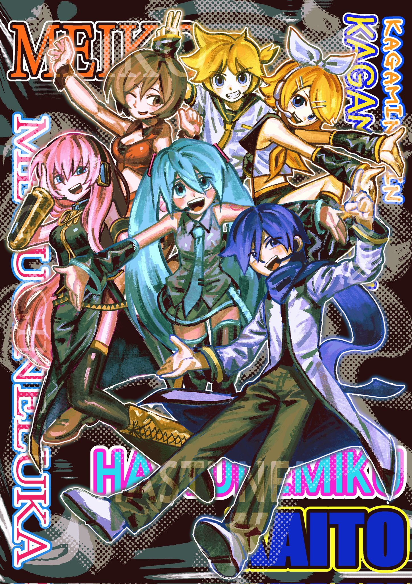 t0ngue2, hatsune miku, kagamine len, kagamine rin, kaito (vocaloid), megurine luka, meiko (vocaloid), vocaloid, highres, 6+others, multiple others