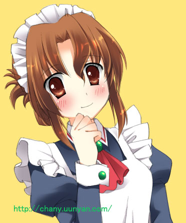 chany, maria (hayate no gotoku!), hayate no gotoku!, lowres, 00s, 1girl, blush, brown eyes, brown hair, clenched hand, female focus, folded ponytail, hand on own chin, juliet sleeves, long sleeves, maid, maid headdress, puffy sleeves, short hair, sidelocks, simple background, smile, solo, upper body, watermark, yellow background