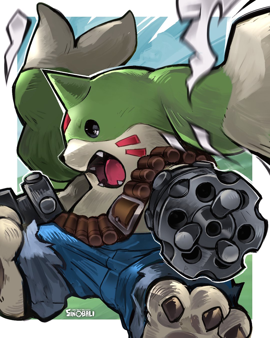 sinobali, galgomon, digimon, highres, arm cannon, artist name, blue pants, denim, digimon (creature), facial mark, fangs, forehead mark, horns, open mouth, pants, single horn, solo, weapon