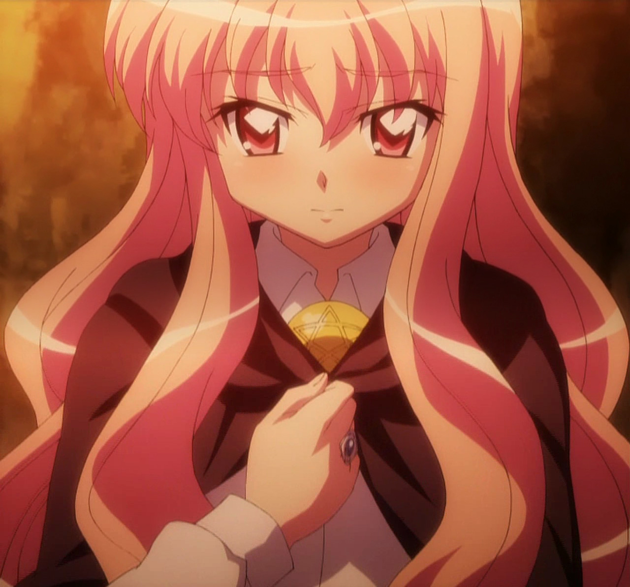 louise francoise le blanc de la valliere, zero no tsukaima, anime screenshot, non-web source, 00s, 1girl, blush, cloak, jewelry, long hair, pentacle, pentagram, ring, shirt