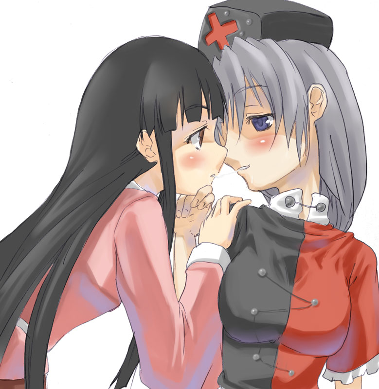 houraisan kaguya, yagokoro eirin, touhou, 2girls, black hair, female focus, hat, kiss, long hair, multiple girls, yuri