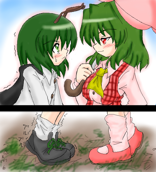 akasode (tyaramu), kazami yuuka, wriggle nightbug, touhou, 2girls, antennae, ascot, blush, cape, eye contact, female focus, green eyes, green hair, impossible clothes, impossible shirt, looking at another, mary janes, multiple girls, parasol, plaid clothes, plaid vest, red eyes, shirt, shoes, short hair, smirk, sneakers, socks, trembling, umbrella, vest, yuri