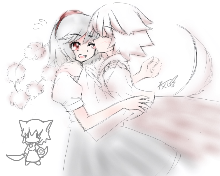 milksea, inubashiri momiji, shameimaru aya, touhou, md5 mismatch, 2girls, animal ears, dog ears, dog tail, female focus, licking, multiple girls, tail, wolf ears, wolf tail