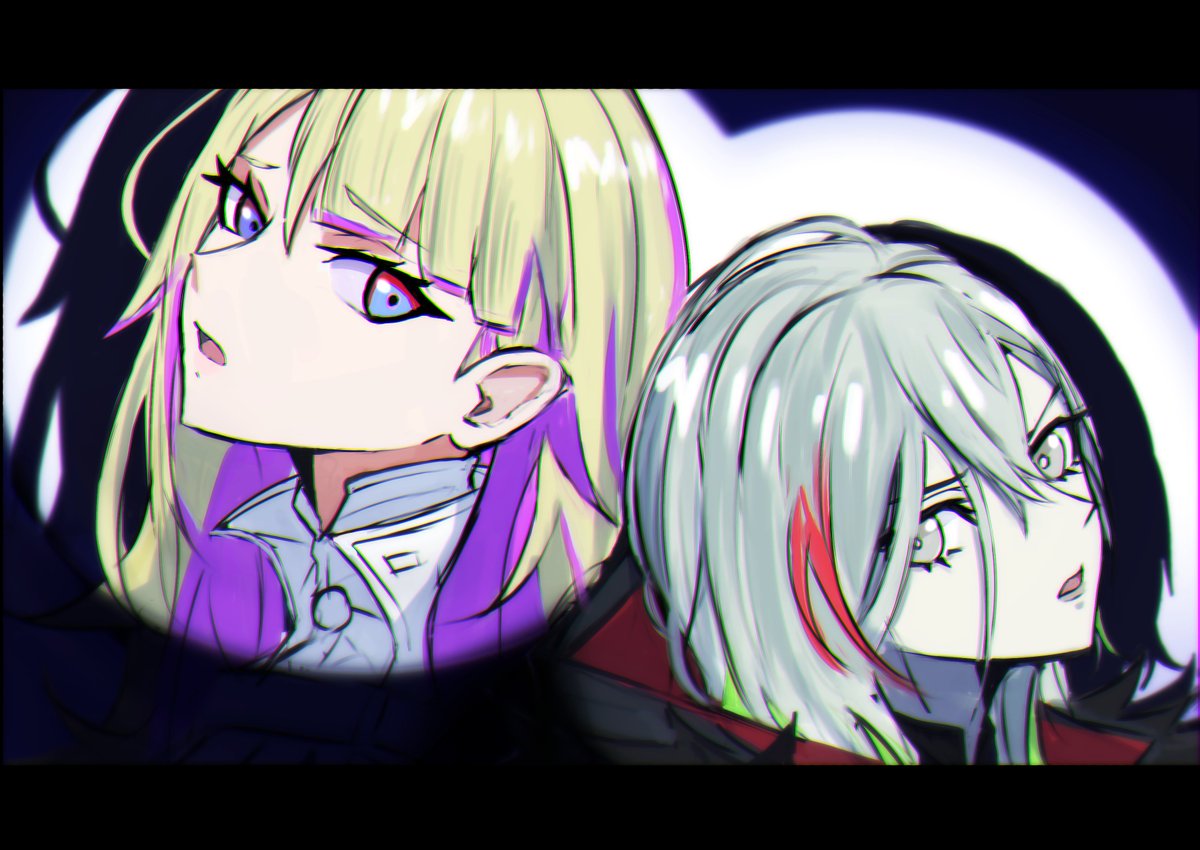 shiina aono, diabellstar the black witch, diabellze the original sinkeeper, yu-gi-oh!, 2girls, blonde hair, dress, green hair, grey hair, long hair, medium hair, multicolored hair, multiple girls, purple hair, red hair, spotlight, streaked hair, two-tone hair, upper body