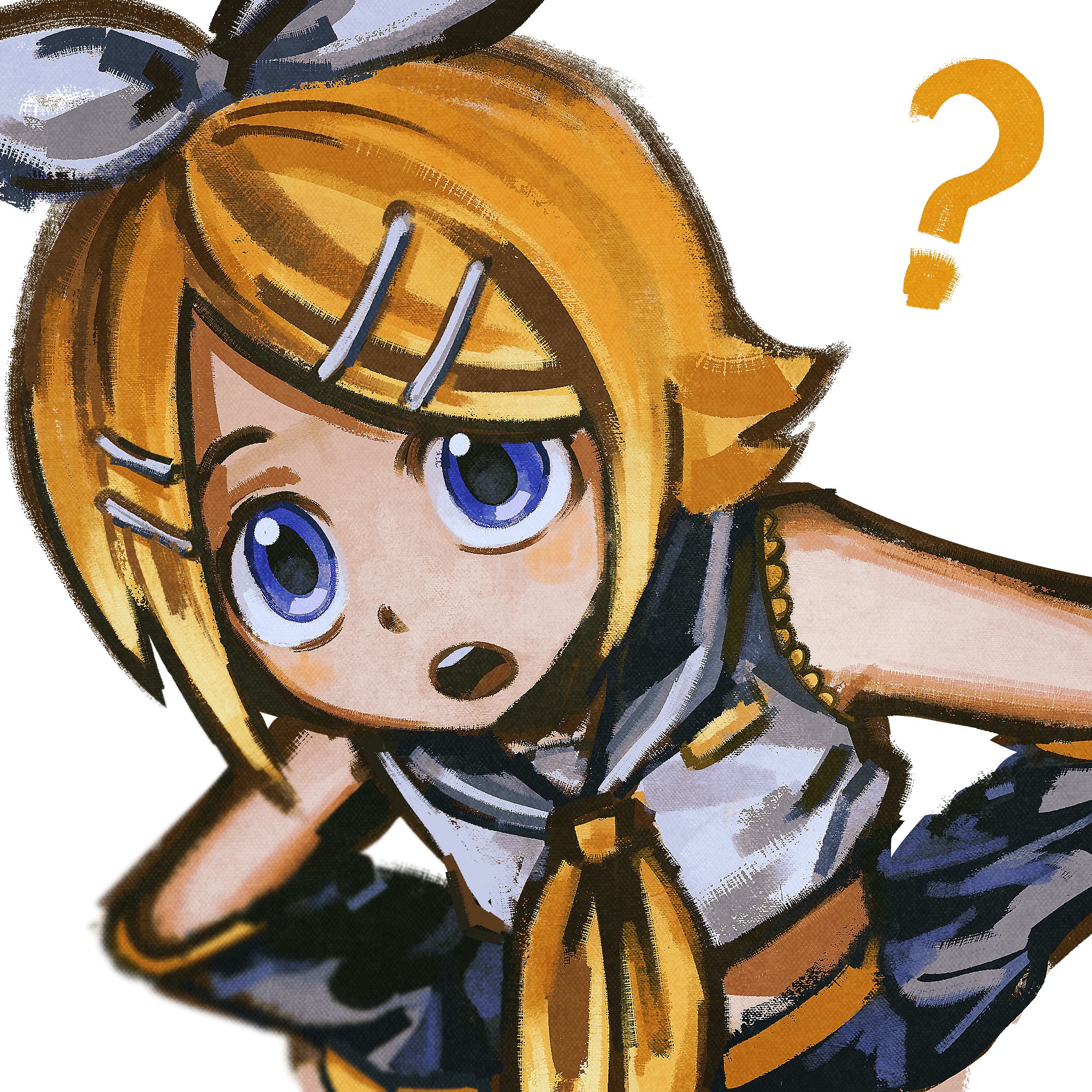t0ngue2, kagamine rin, vocaloid, highres, 1girl, blonde hair, blue eyes, curious, detached sleeves, hair ornament, hair ribbon, hairclip, headphones, leaning forward, open mouth, ribbon, sailor collar, short hair, sleeveless