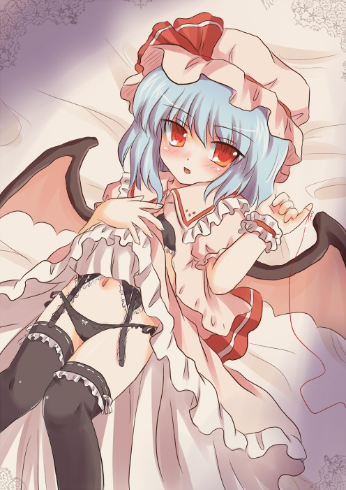 ry (yagoyago), remilia scarlet, touhou, 1girl, bat wings, blue hair, clothes lift, female focus, garter belt, hat, loli, panties, red eyes, skirt, skirt lift, solo, string, string of fate, thighhighs, underwear, wings