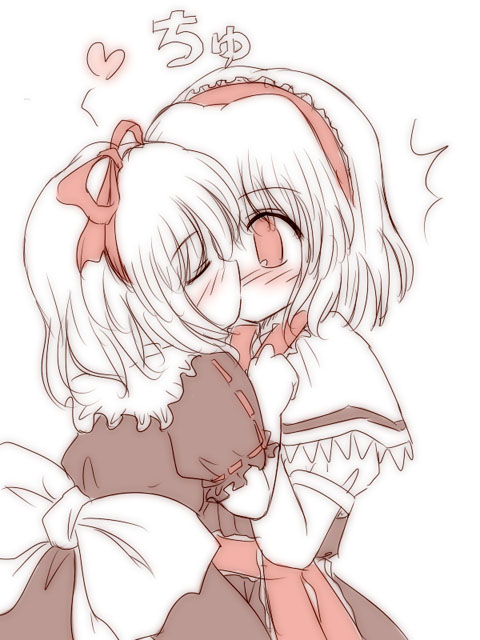 ry (yagoyago), alice margatroid, medicine melancholy, touhou, photoshop (medium), 2girls, ^^^, blush, capelet, closed eyes, female focus, hair ribbon, hairband, heart, kiss, lolita hairband, monochrome, multiple girls, red theme, ribbon, yuri