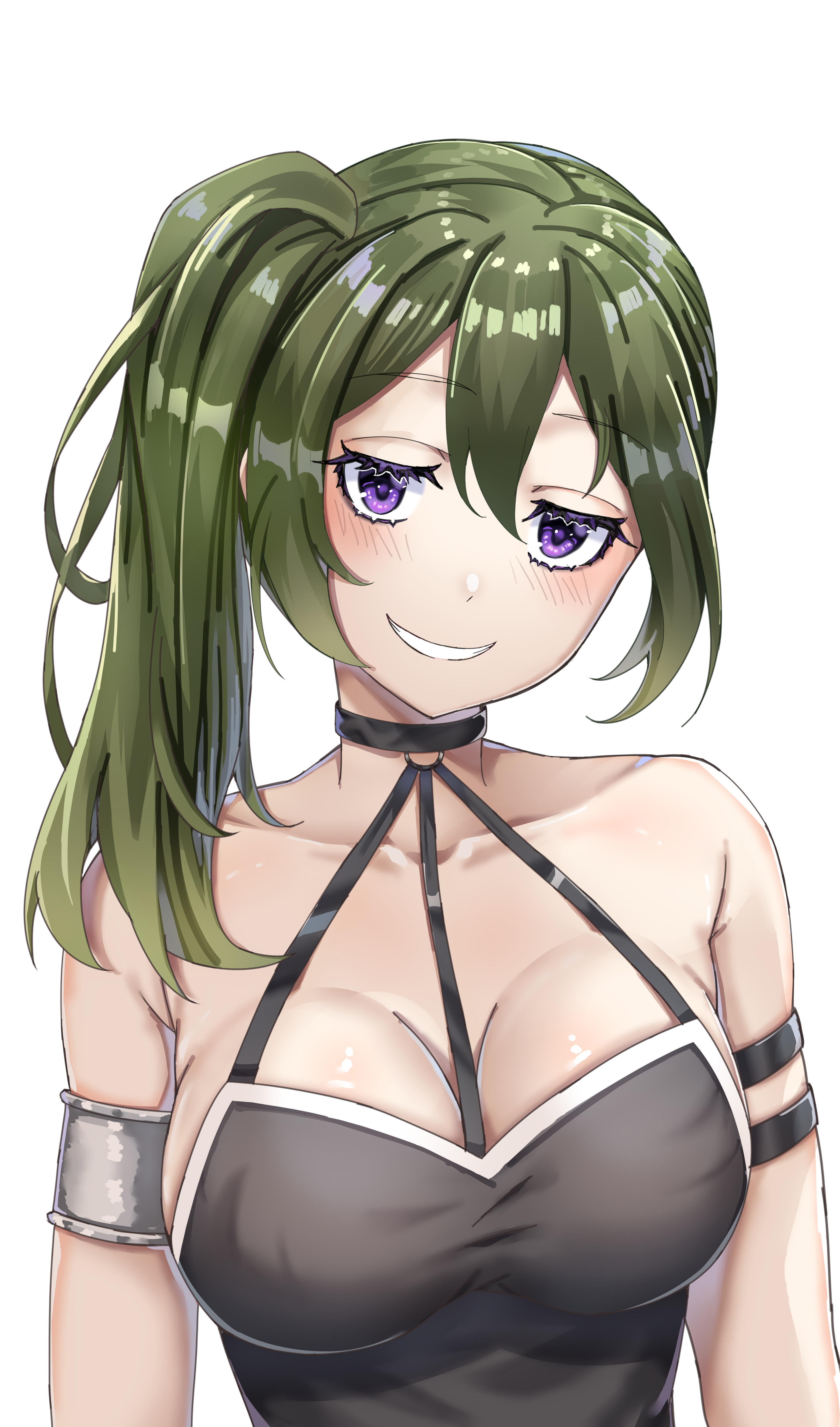 rinse 7, ubel (sousou no frieren), sousou no frieren, absurdres, highres, 1girl, armlet, bare shoulders, black dress, breasts, collarbone, dress, green hair, grin, hair between eyes, jewelry, large breasts, looking at viewer, parted lips, purple eyes, side ponytail, simple background, smile, upper body, white background