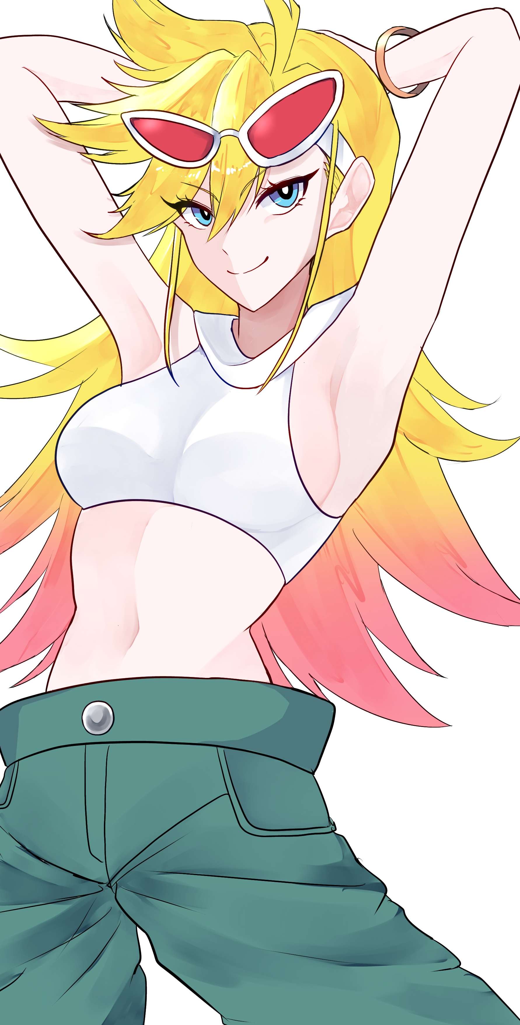 panty (psg), panty & stocking with garterbelt, absurdres, artist request, highres, 1girl, armpits, blue eyes, bracelet, breasts, closed mouth, crop top, green pants, hair between eyes, jewelry, long hair, looking at viewer, midriff, multicolored hair, navel, pants, shirt, smile, solo, sunglasses, two-tone hair, white background, white shirt