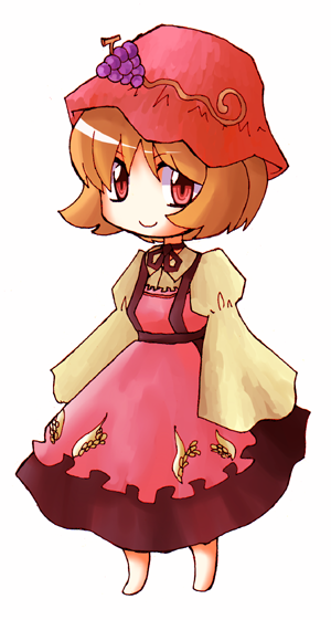 ngayope, aki minoriko, touhou, 1girl, barefoot, blonde hair, chibi, dress, female focus, food, fruit, full body, grapes, hat, long sleeves, looking at viewer, puffy long sleeves, puffy sleeves, red eyes, short hair, simple background, sleeves past wrists, smile, solo, standing, white background