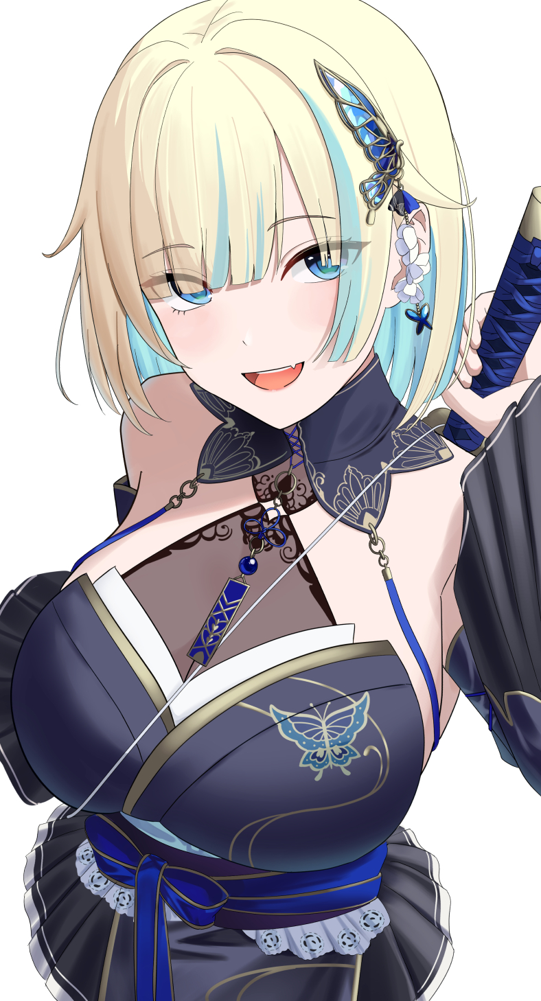 kukro, aizawa ema, aizawa ema (5th costume), vspo!, highres, 1girl, :d, agemaki knot, animal print, aqua hair, aqua streaks, arm up, backless kimono, backless outfit, bare shoulders, blonde hair, blue butterfly, blue eyes, blue hair, blue kimono, blue ribbon, breasts, bug, butterfly, butterfly earrings, butterfly hair ornament, butterfly print, cleavage, colored inner hair, dress, earrings, fang, furisode sleeves, gradient hair, hair flaps, hair ornament, hair over eyes, halter dress, halterneck, holding, holding sword, holding weapon, insect, japanese clothes, jewelry, katana, kimono, kimono dress, large breasts, long sleeves, looking at viewer, miniskirt, multicolored hair, open mouth, pleated skirt, pleated sleeves, print dress, ribbon, sash, see-through cleavage, see-through clothes, sheath, sheathed, short hair, skin fang, skirt, sleeveless, sleeveless dress, sleeveless kimono, smile, solo, streaked hair, sword, sword on back, virtual youtuber, waist ribbon, weapon, weapon on back, white background
