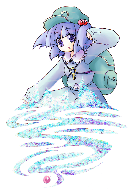 ngayope, kawashiro nitori, touhou, 1girl, backpack, bag, blue dress, blue eyes, blue hair, collar, dress, female focus, flat cap, frills, full body, green hat, hair bobbles, hair ornament, hat, key, long sleeves, looking at viewer, magic, matching hair/eyes, simple background, solo, two side up, water, white background