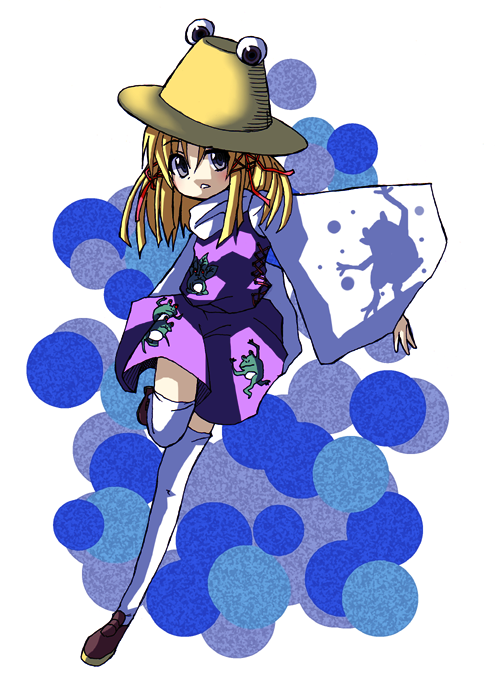 ngayope, moriya suwako, touhou, 1girl, female focus, full body, hat, skirt, solo, thighhighs, white background