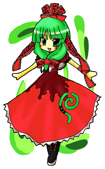 ngayope, kagiyama hina, touhou, 1girl, black boots, blush, boots, dress, fang, female focus, front ponytail, full body, green eyes, green hair, hair ribbon, lace-up boots, long hair, looking at viewer, matching hair/eyes, open mouth, red dress, red ribbon, ribbon, simple background, smile, solo, standing, white background