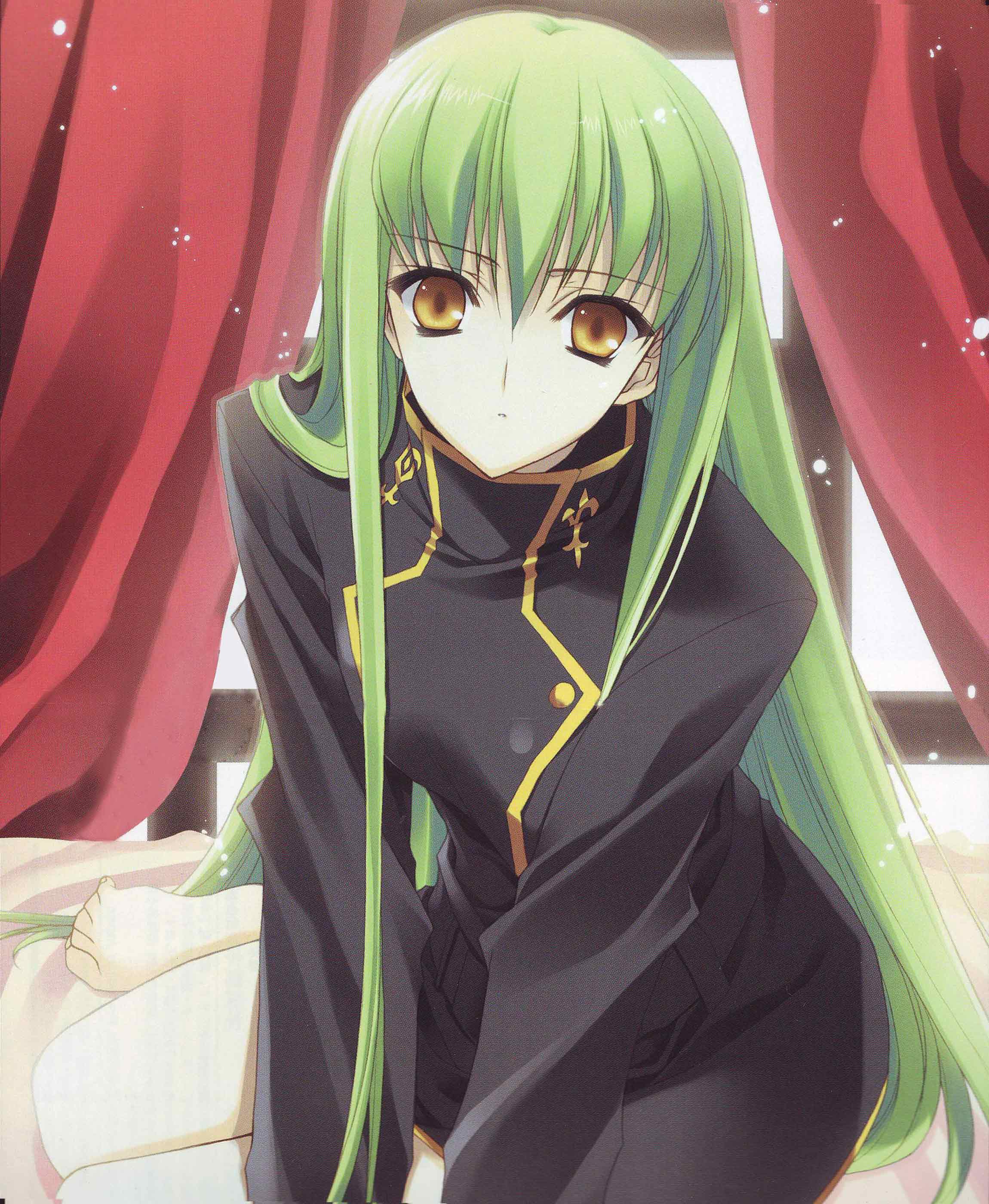 suzuhira hiro, c.c., code geass, absurdres, highres, 00s, 1girl, barefoot, bottomless, crossdressing, crossdressing (ftm), female focus, green hair, long hair, school uniform, serafuku, solo, yellow eyes