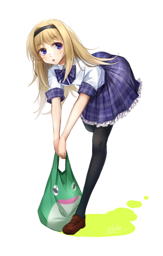 yakku, nishijou nanami, chaos;head, chaos;head love chu chu!, science adventure, 1girl, bag, bent over, black hairband, black pantyhose, blonde hair, blush, bow, bowtie, breasts, brown shoes, collared shirt, dress shirt, gero-froggy, hairband, holding, holding bag, leaning forward, loafers, long hair, looking to the side, miniskirt, pantyhose, plaid bow, plaid bowtie, plaid clothes, plaid skirt, plaid sleeves, pleated skirt, purple bow, purple bowtie, purple eyes, purple skirt, school emblem, school uniform, shirt, shoes, short sleeves, skirt, small breasts, solo, standing, standing on one leg, suimei academy school uniform, white petticoat, white shirt