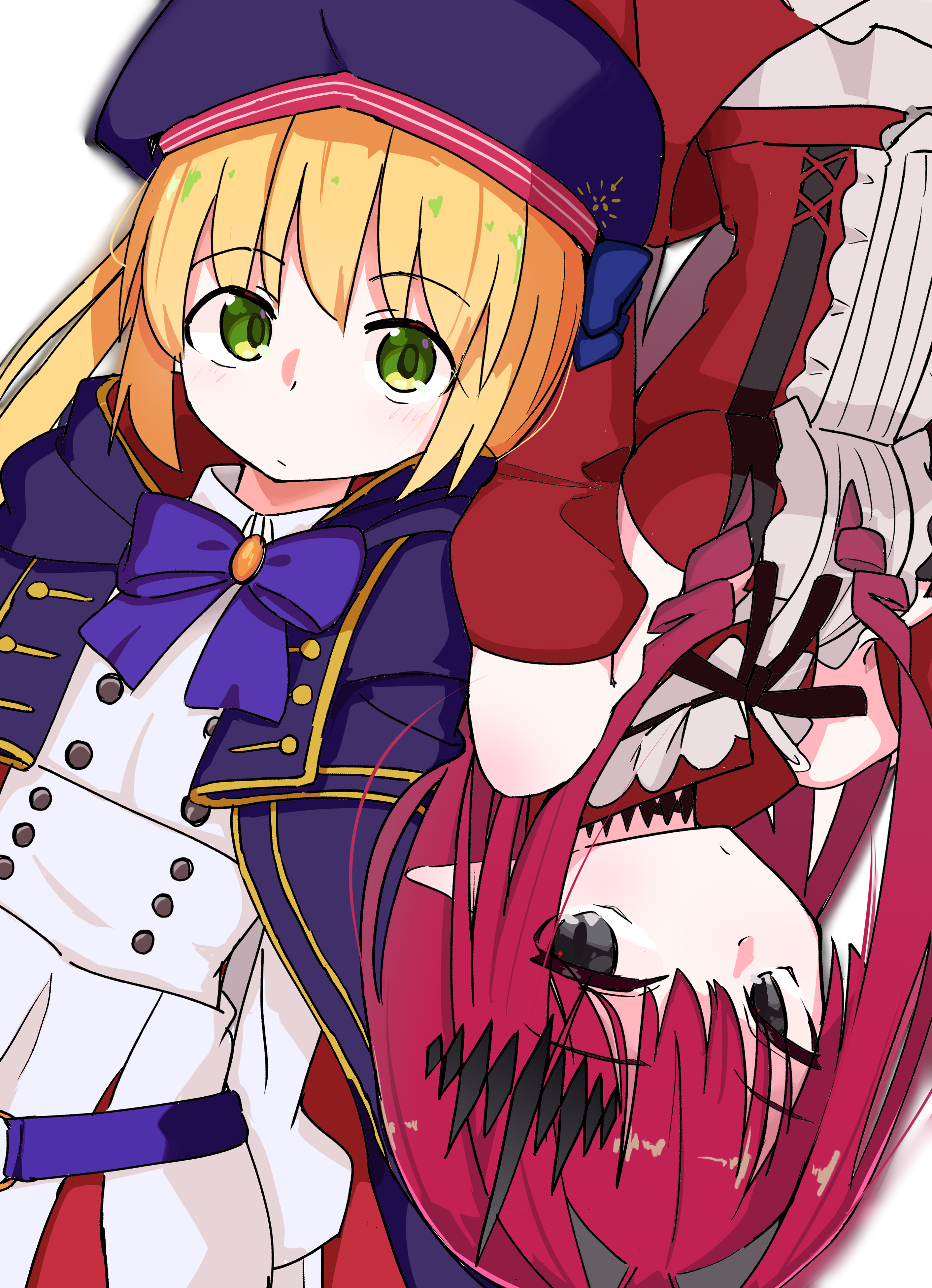 artoria caster (fate), artoria caster (second ascension) (fate), artoria pendragon (fate), baobhan sith (fate), baobhan sith (first ascension) (fate), fate/grand order, fate (series), absurdres, highres, 2girls, blonde hair, blue cape, blue hat, breasts, cape, detached sleeves, dress, frilled dress, frills, green eyes, grey hair, hair ornament, hat, ii hasu, long hair, multiple girls, pink hair, pointy ears, red dress, sidelocks, twintails, white background, white dress